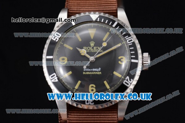 Rolex Submariner Vintage Asia 2813 Automatic Steel Case with Black Dial Brown Nylon Strap and Stick Markers - Click Image to Close